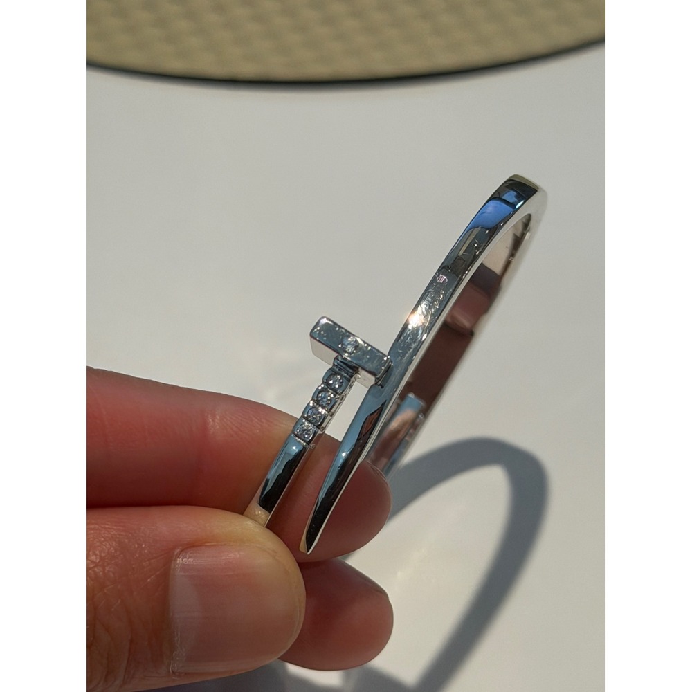 Bronze Italy Silver Tone Nail Bangle Bracelet Crystal Accents Hinged Cuff